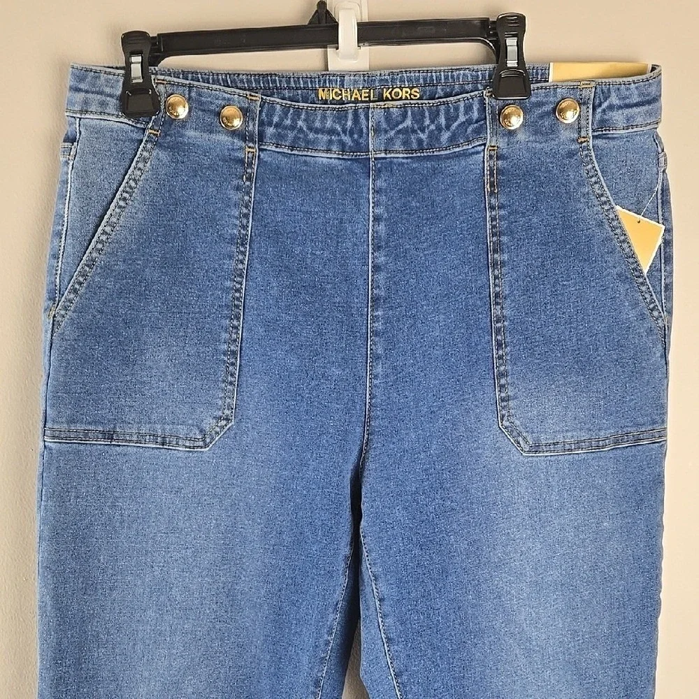 Michael Kors Womens Sailor Wide Leg Jeans Medium Wash‎ Blue Gold Buttons Size 14